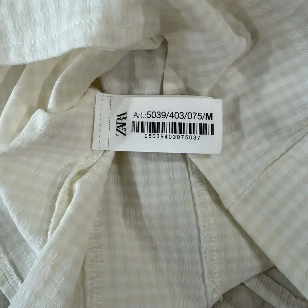 Zara Gingham Puff-Sleeved Lace Trim Blouse